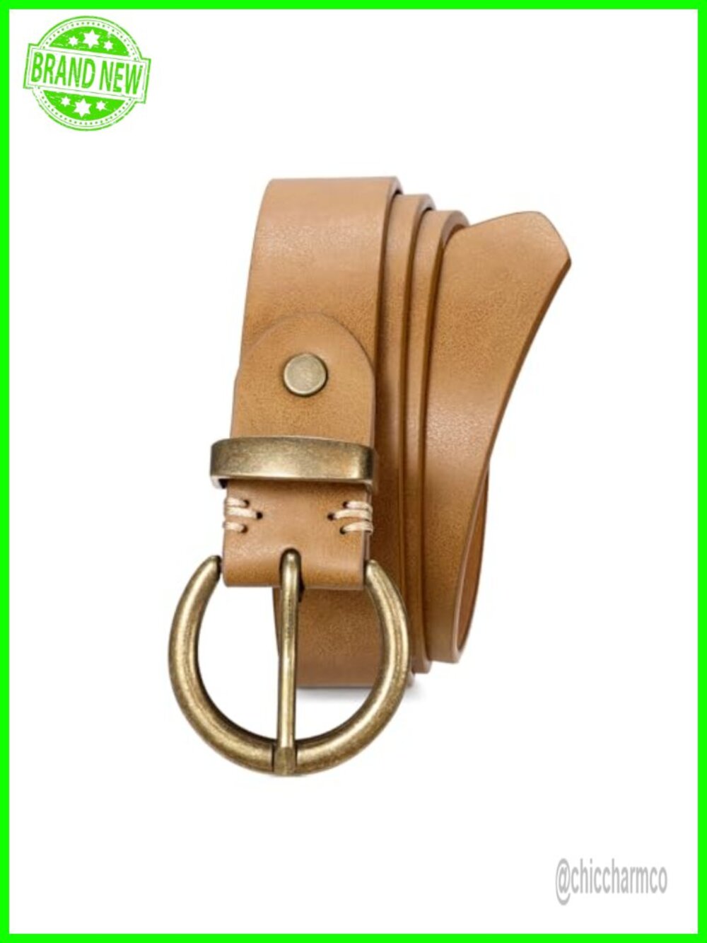 Women PU Leather Belt Vintage Brass Circle Buckle Adjustable Jeans Pants
